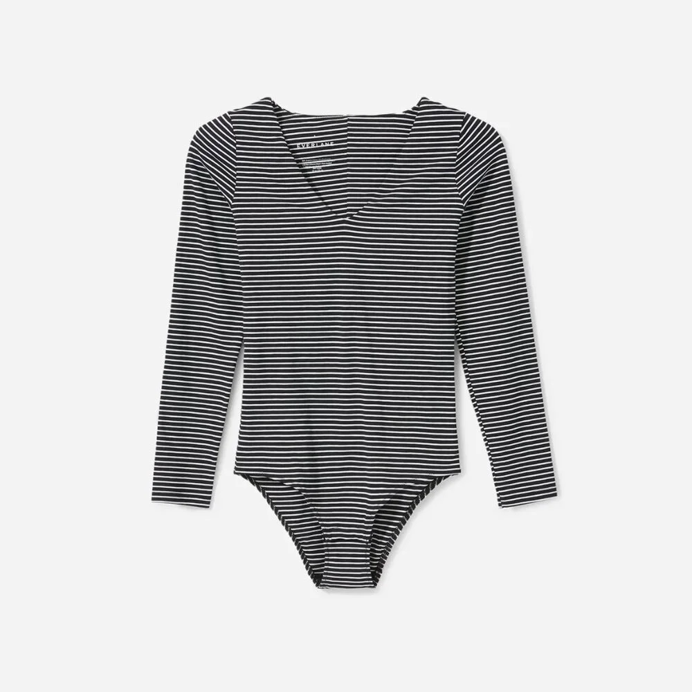 Everlane The Long Sleeve V-Neck Bodysuit in Black/White Stripe - sz XXS